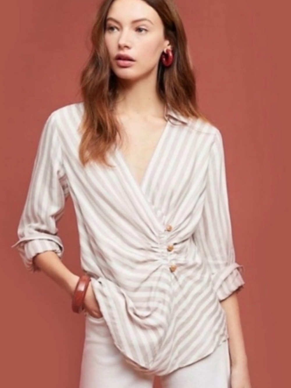 Anthropologie Maeve Striped Button-Front V-Neck Top in Taupe and White Size 6